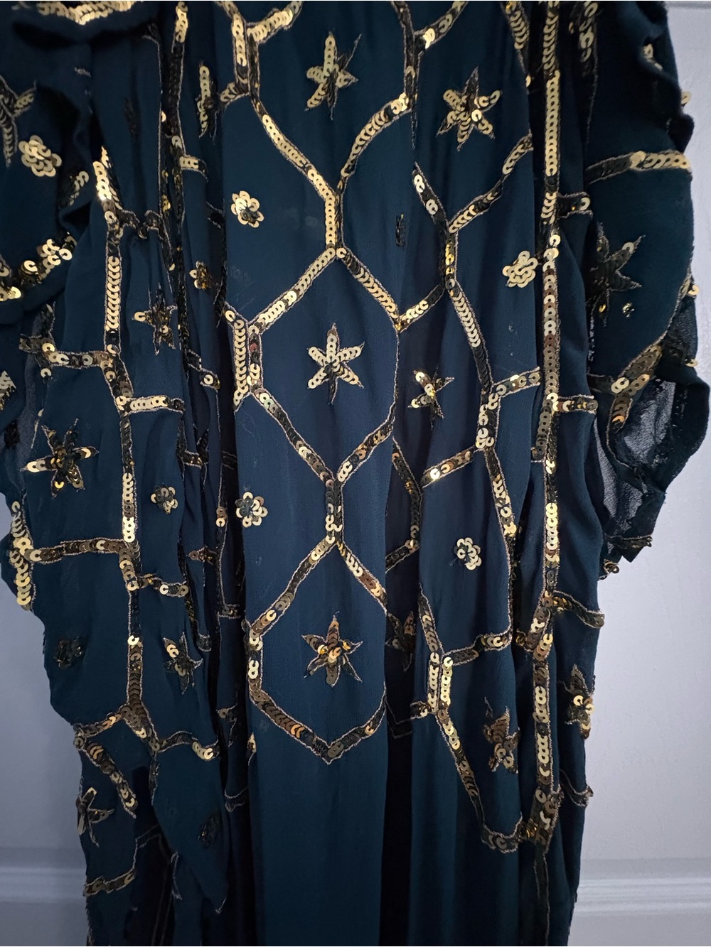 HOLIDAY People Holiday Party Teal Chiffon Gold Starry w Sequins X Strap Dress